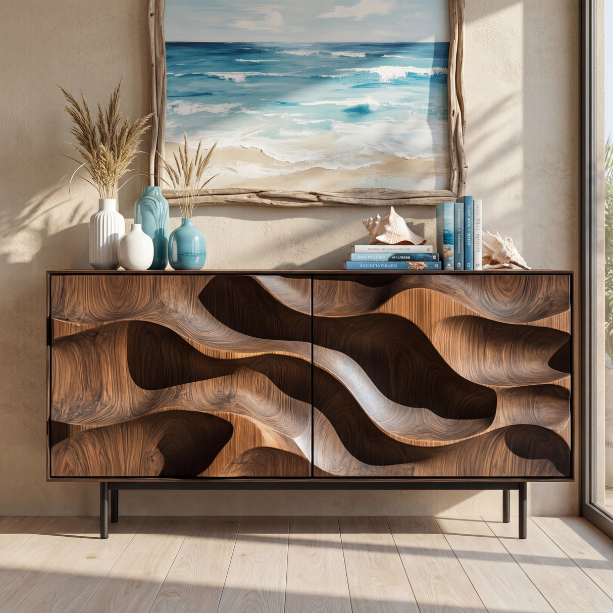 Sculpted Wave Front Solid Wood Sideboard Cabinet