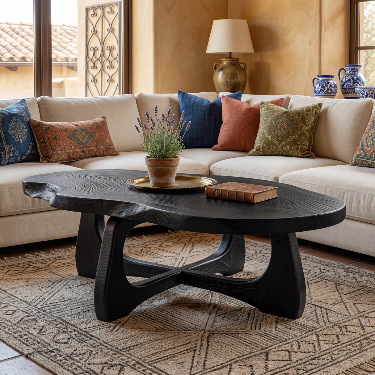 Live Edge Solid Wood Coffee Table with Sculptural Open Base