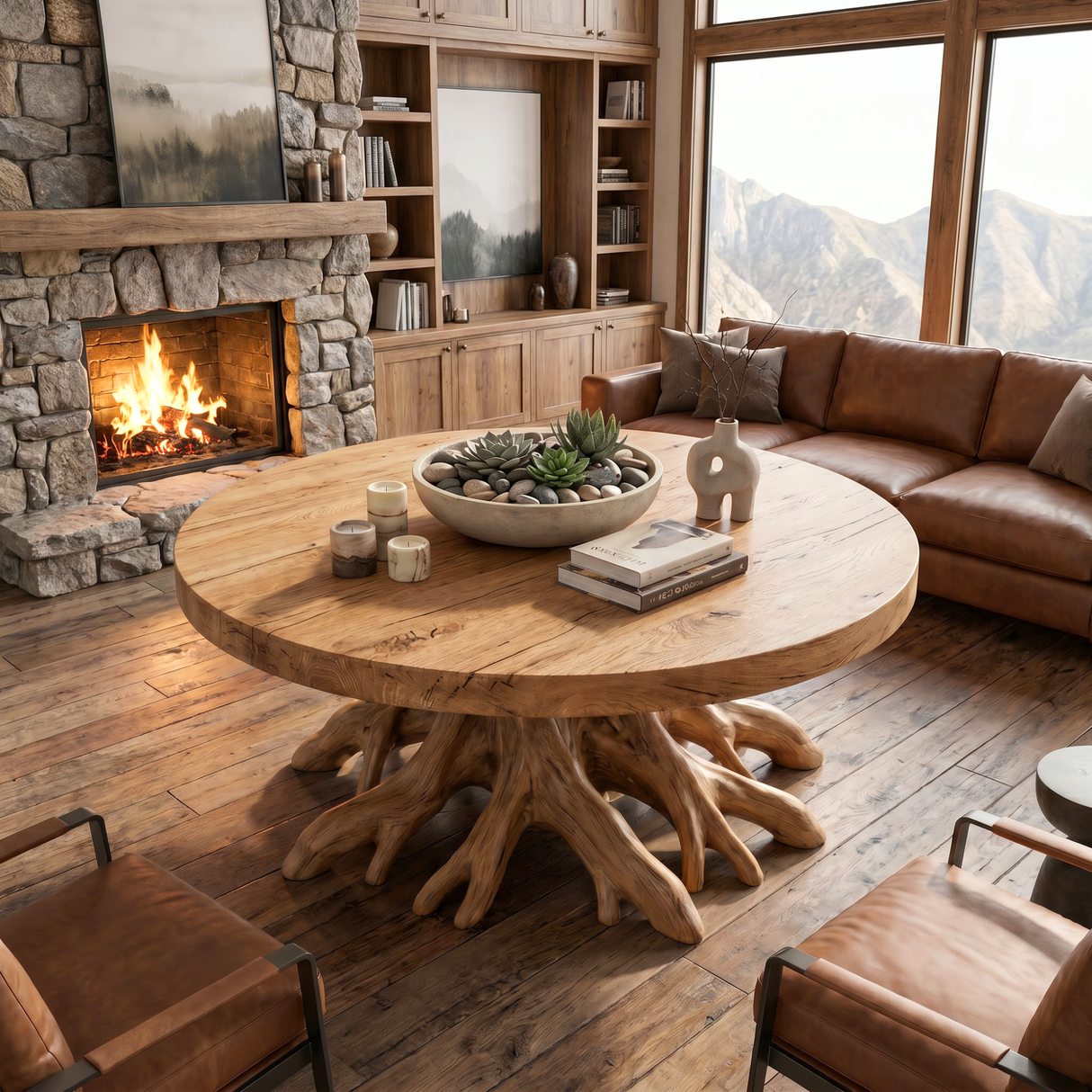 Round Solid Wood Coffee Table with Sculptural Root Base