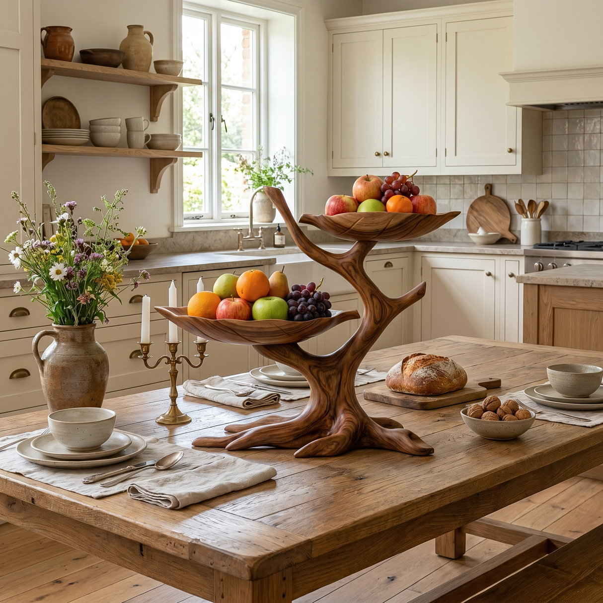 Sculptural Wood Fruit Bowl with Branch-Inspired Stand and Dual Display Bowls
