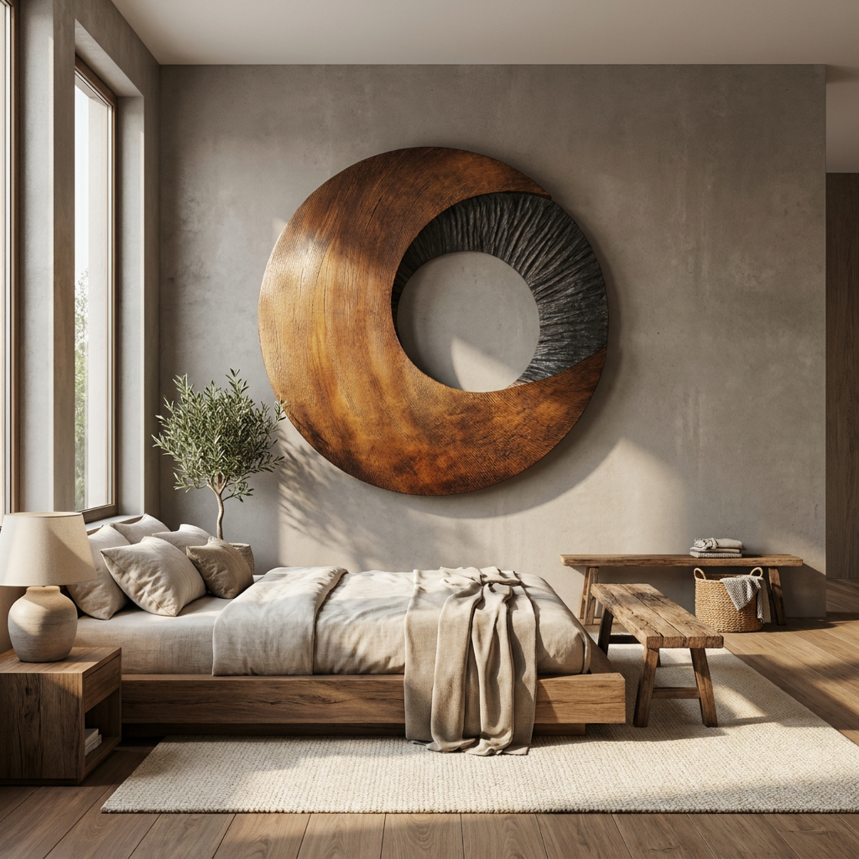 Solid Wood Oval Ring Wall Art with Radial Black Texture and Warm Grain Sweep