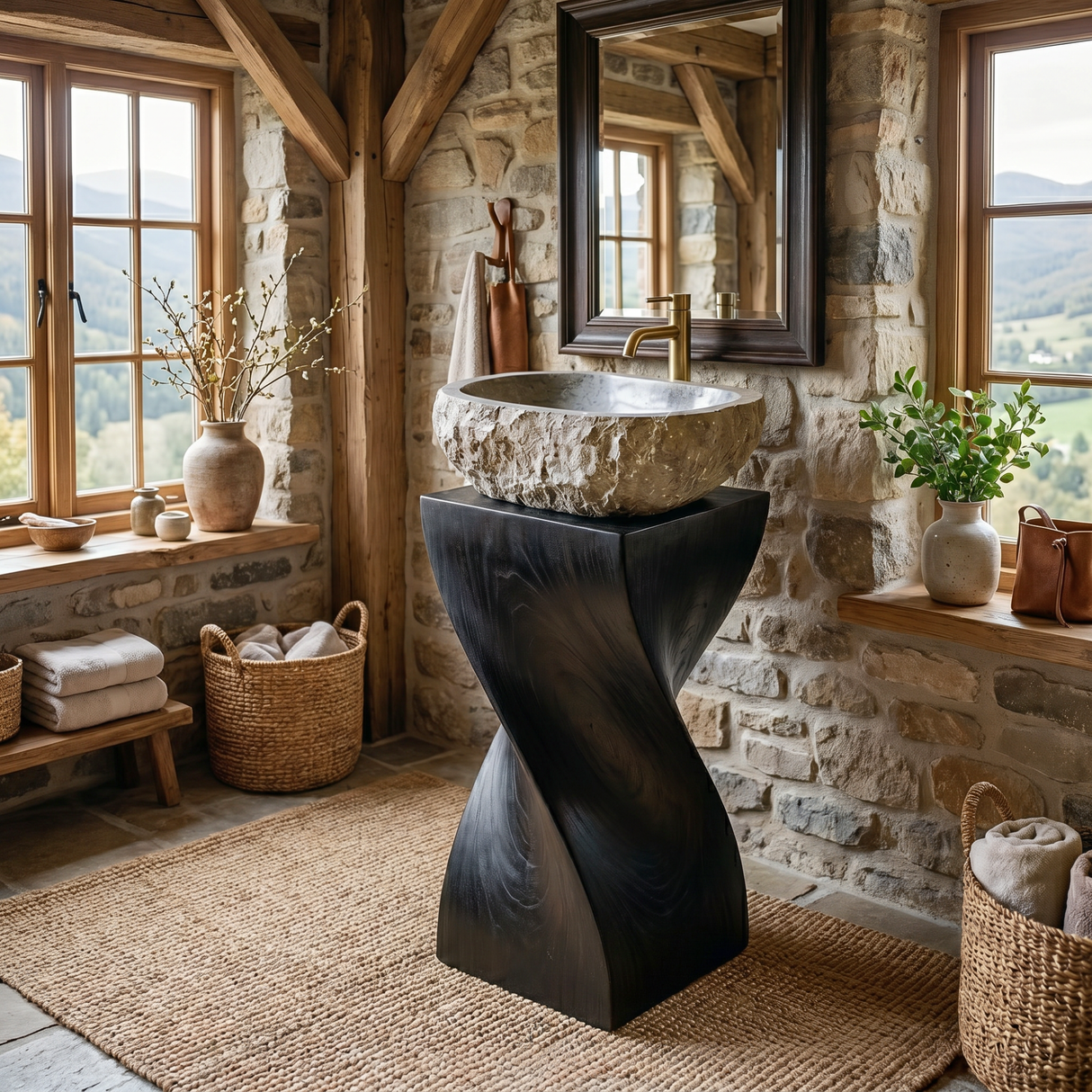 Twisted Solid Wood Pedestal Bathroom Sink Stand