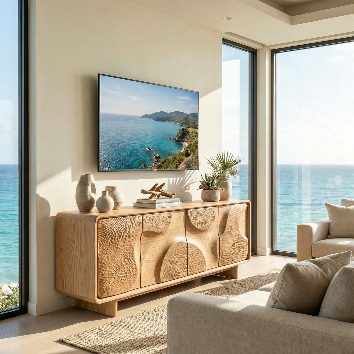 Solid Wood Media Console with Carved Organic Doors