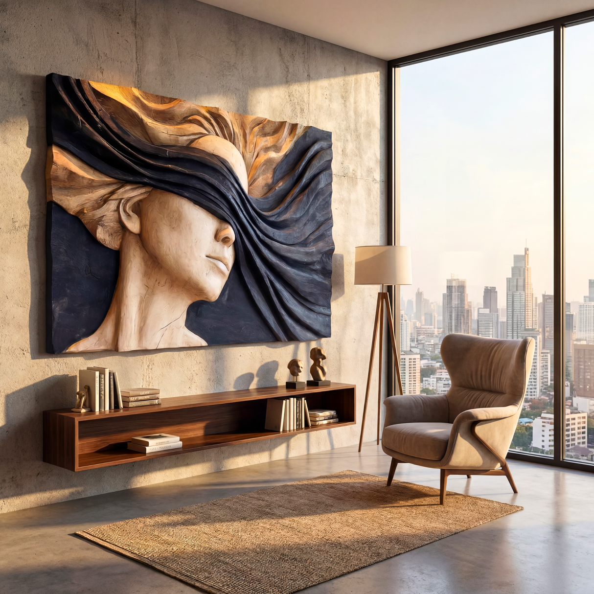 Ethereal Flow Wooden Relief Portrait Sculpture Wall Art