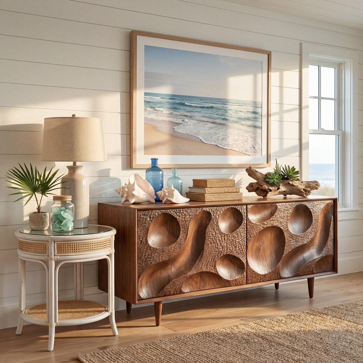 Solid Wood Sideboard with Hand Carved Crater Front