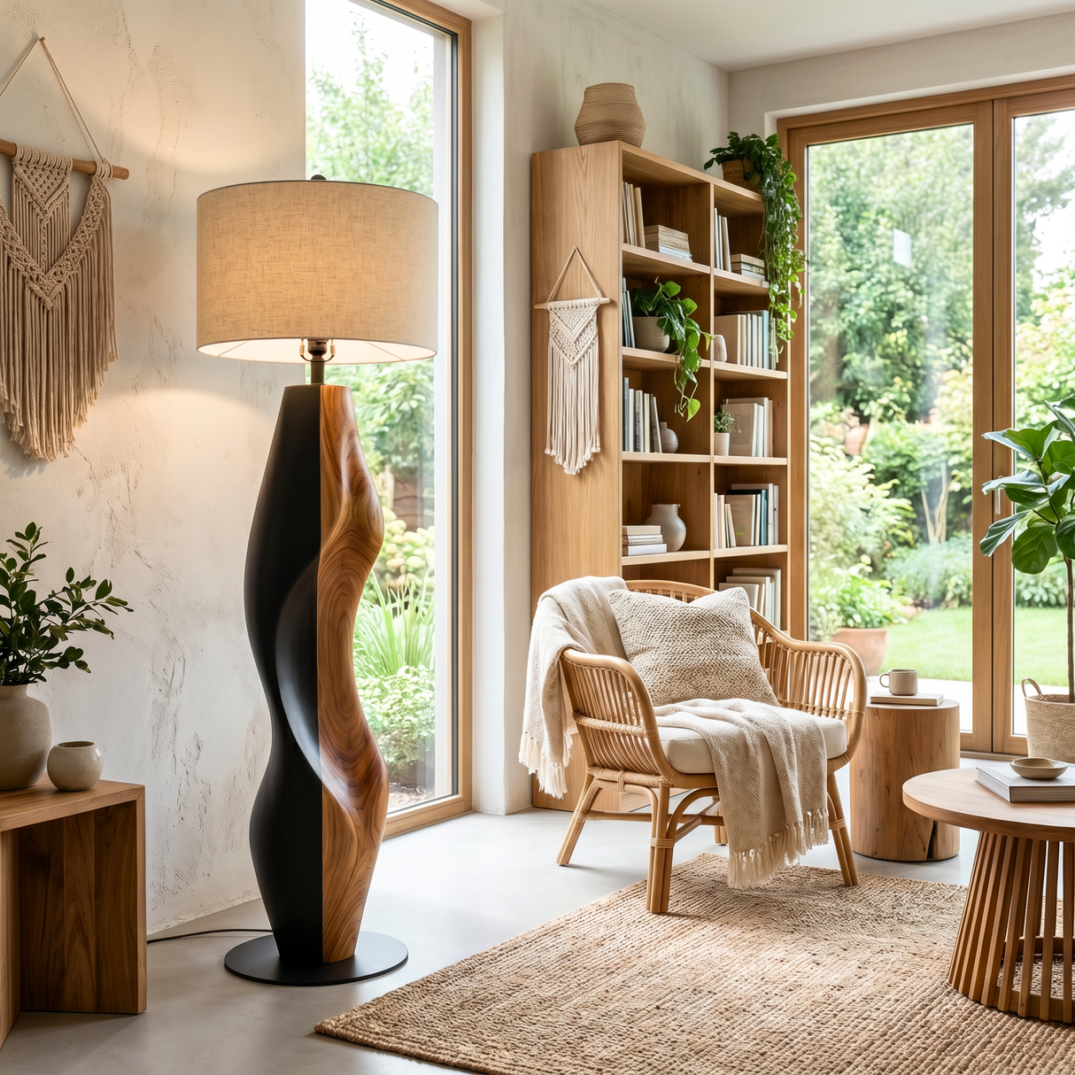 Sculptural Wood Floor Lamp with Organic Two-Tone Base and Fabric Drum Shade