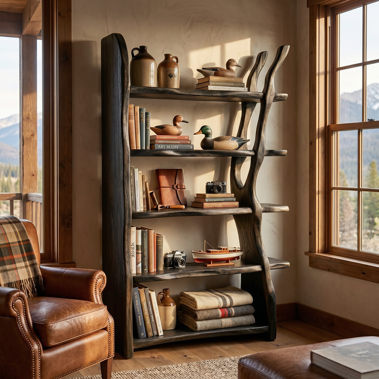 Freestanding Solid Wood Bookshelf with Sculptural Tree Support