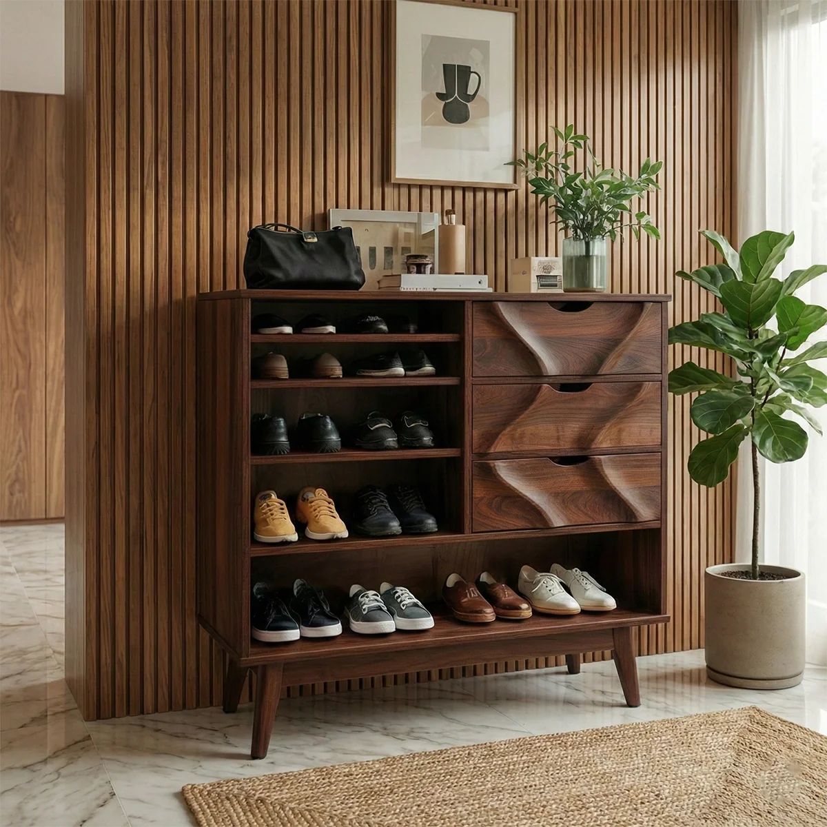 Solid Wood Entryway Shoe Cabinet with Drawers and Open Shelves Mid-Century Storage Organizer