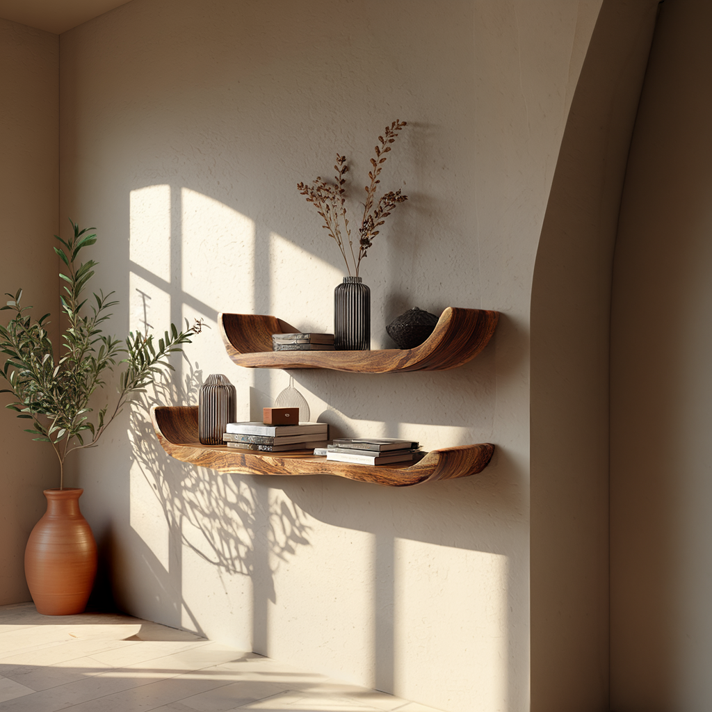 Curved Solid Wood Floating Wall Shelves Set