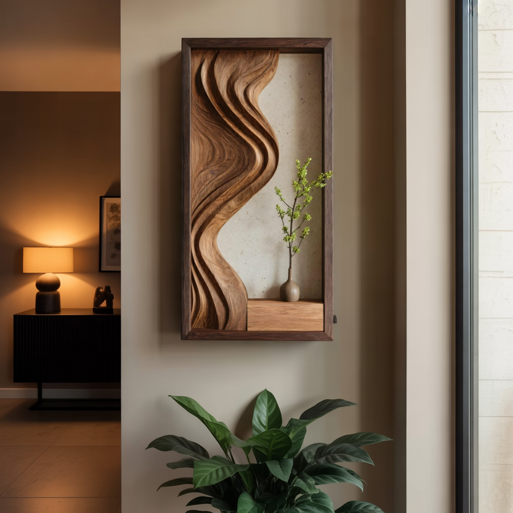 Framed Sculpted Solid Wood Wall Art with Integrated Display Shelf