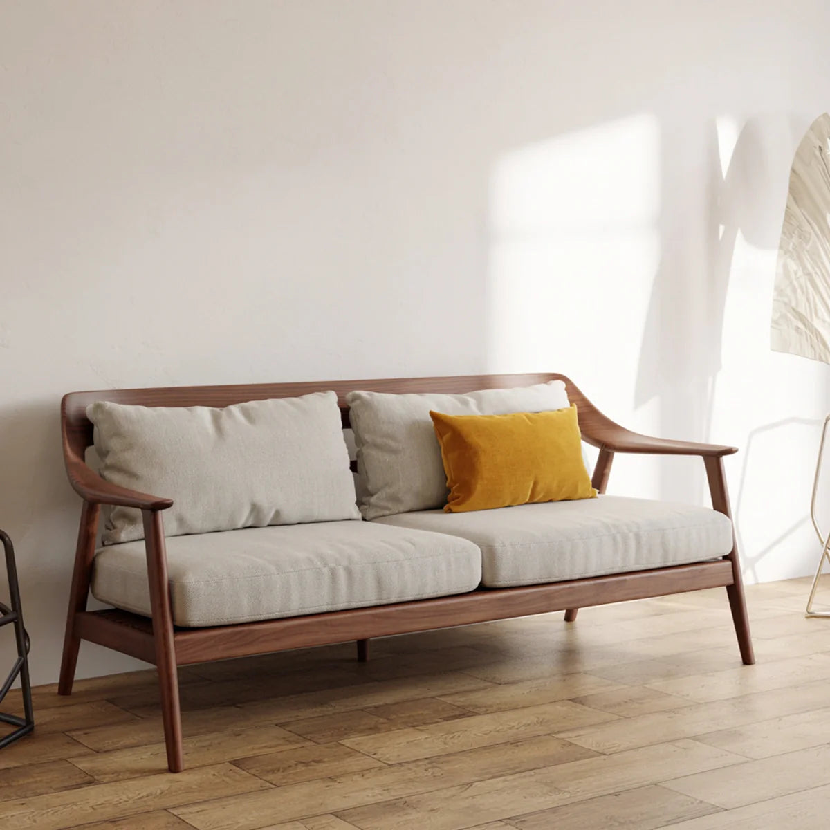 Modern Scandinavian Solid Wood Sofa Minimalist Upholstered Living Room Couch with Black Frame