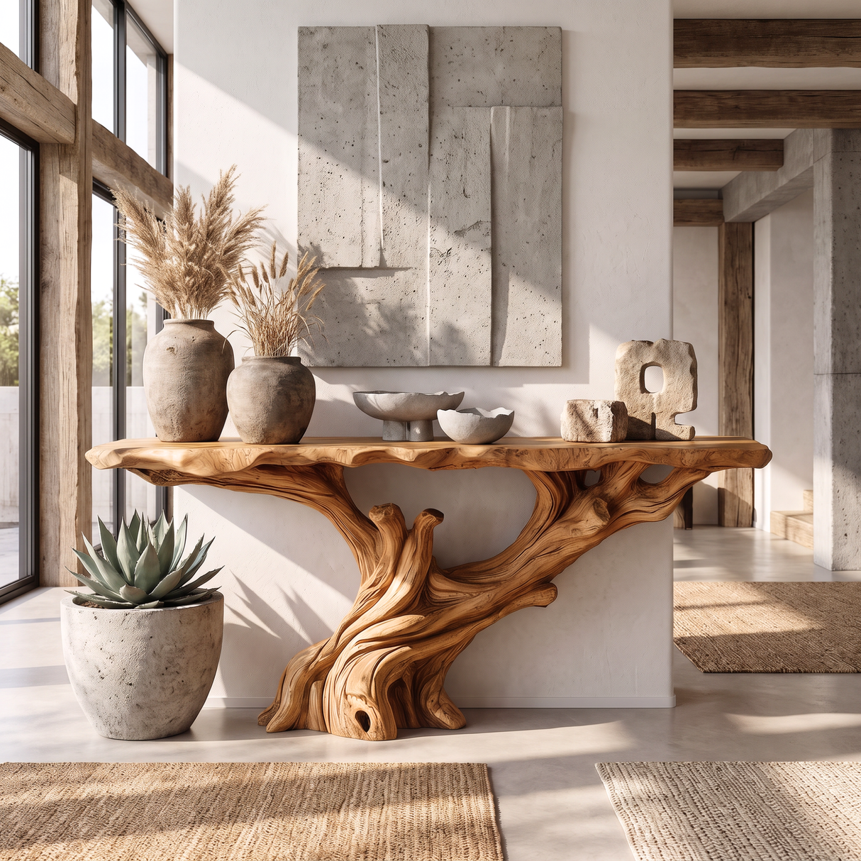 Console Table Solid Wood with Sculptural Tree Branch Base for Entryway