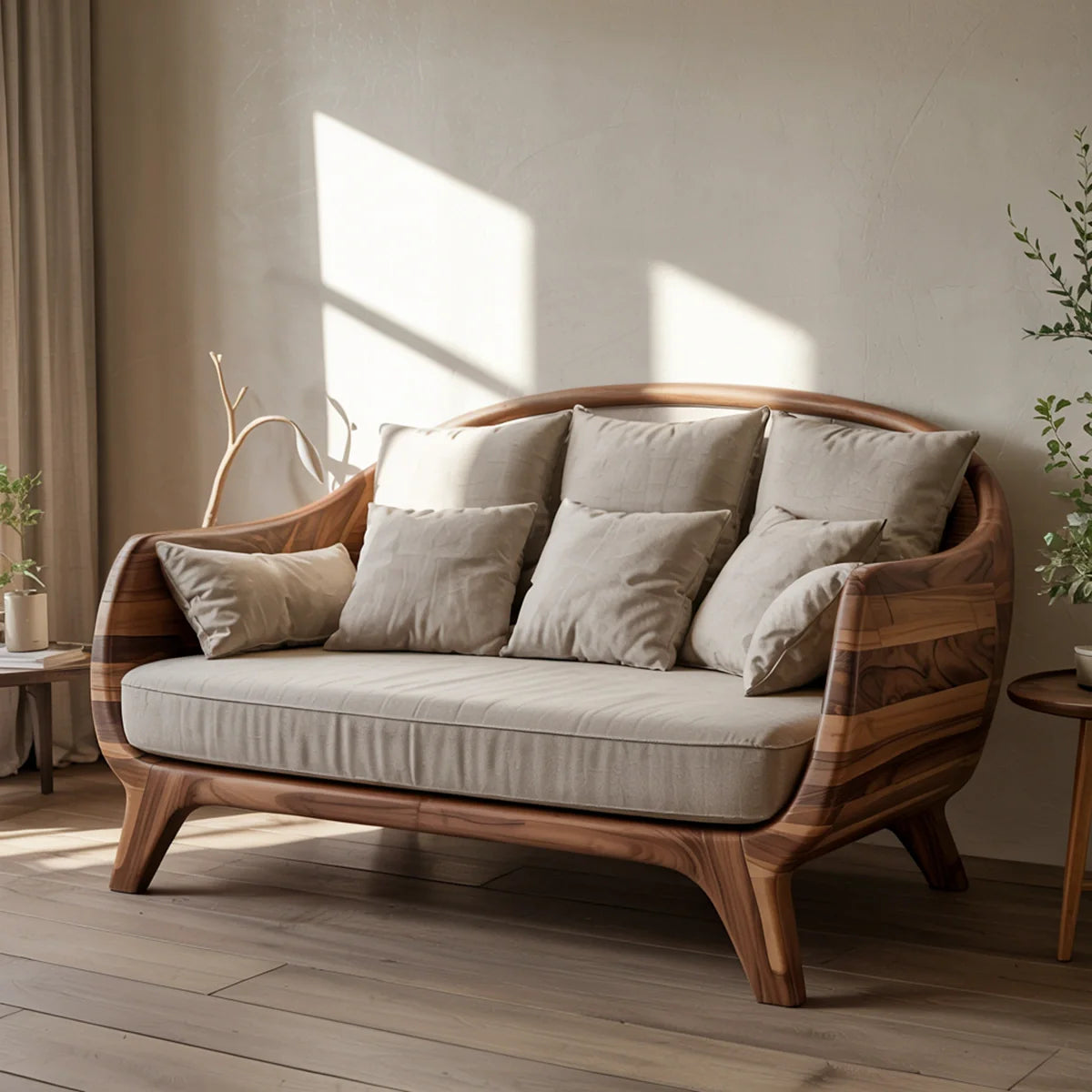 Luxury Curved Solid Wood Sofa Sculptural Scandinavian Style Upholstered Couch