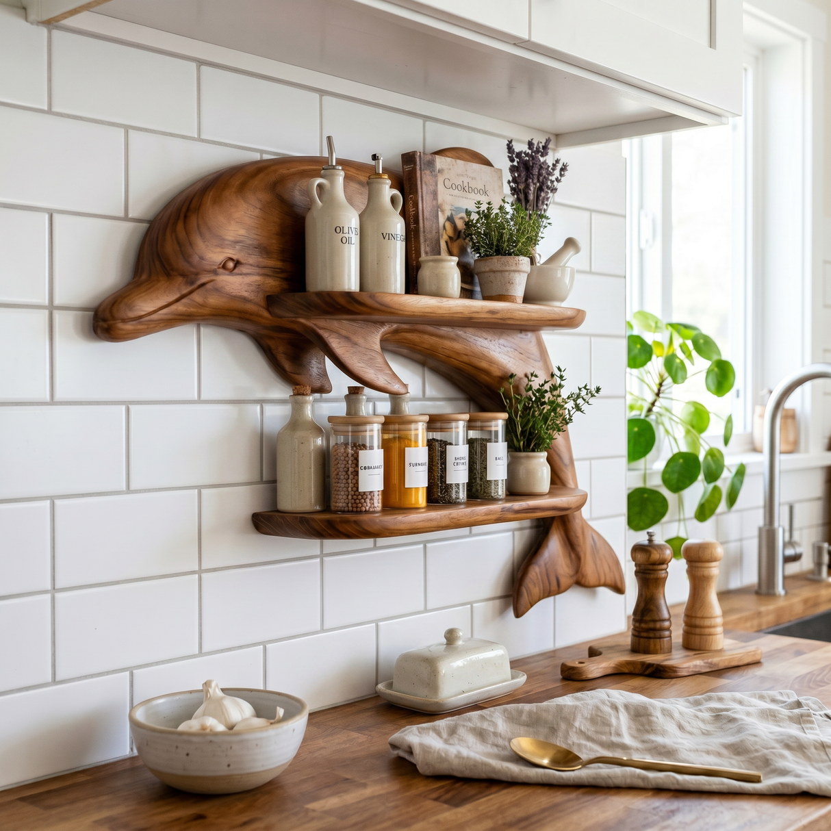 Solid Wood Dolphin Spice Rack with Double Shelf Wall Storage for Kitchen