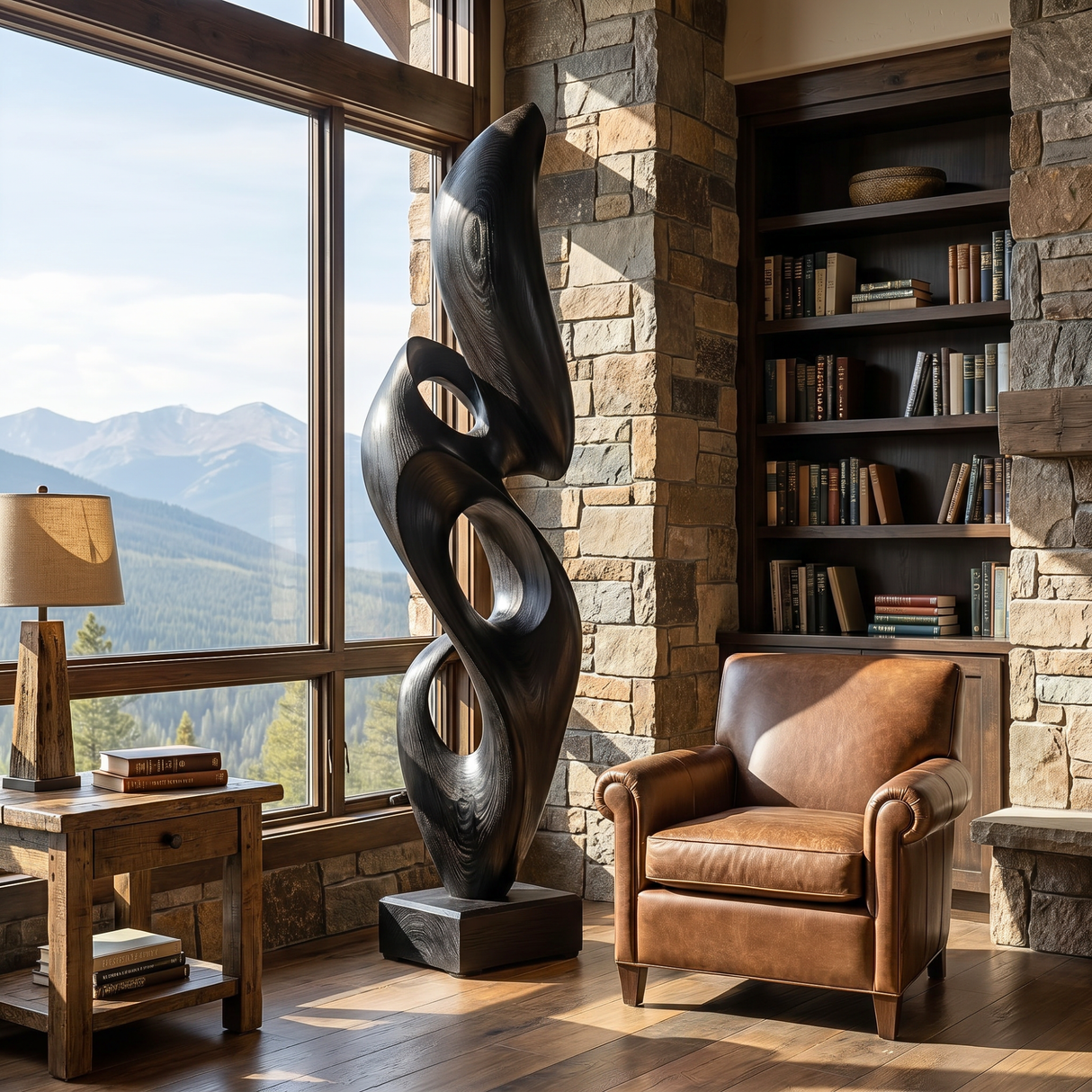 Handcrafted Solid Wood Rising Flame Sculpture with Open Ribbon Form