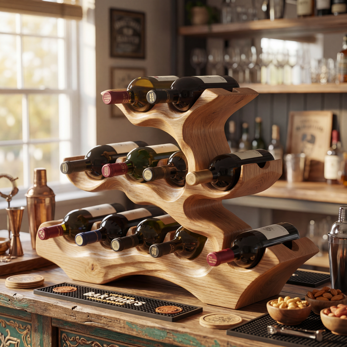 Multi Tier Solid Wood Wine Rack with Organic Sculptural Form Rustic Bottle Holder