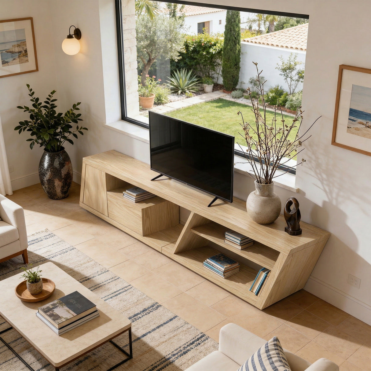 Angled Solid Wood Media Console in Organic Modern Style