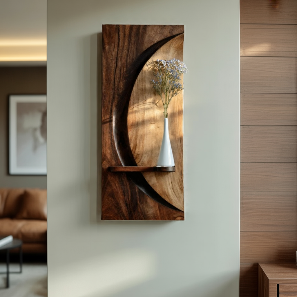 Solid Wood Crescent Wall Shelf Sculpture for Modern Home