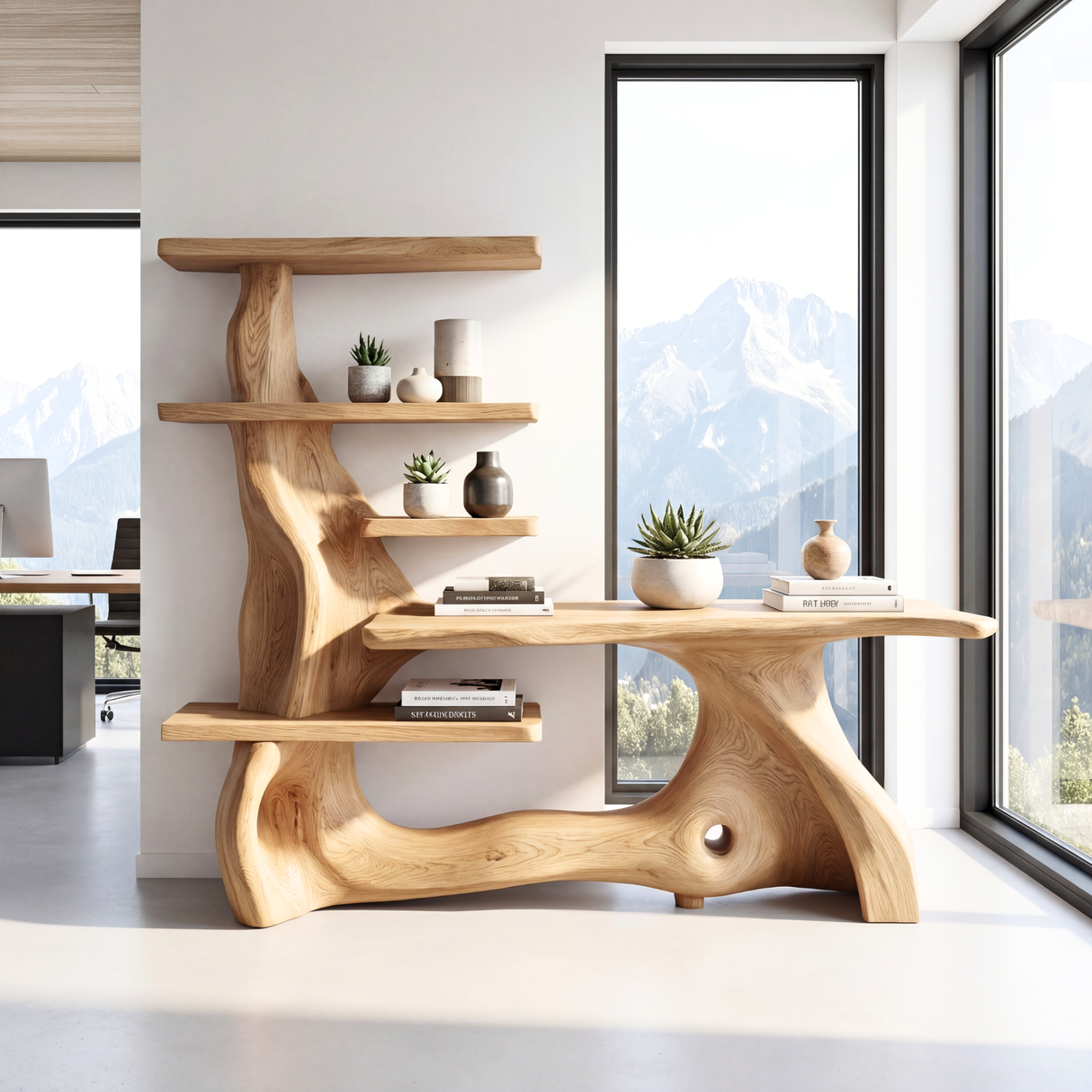 Organic Solid Wood Console Table with Shelving Sculptural Live Edge Entryway Table