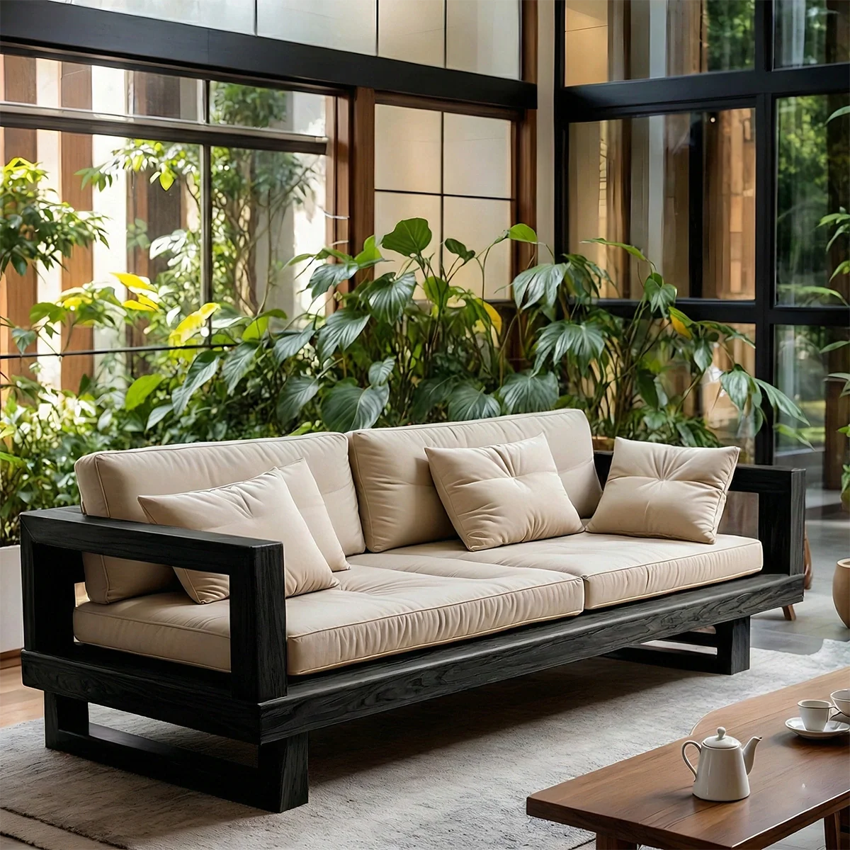 Black Solid Wood Sofa with Linen Cushions for Minimalist Modern Living