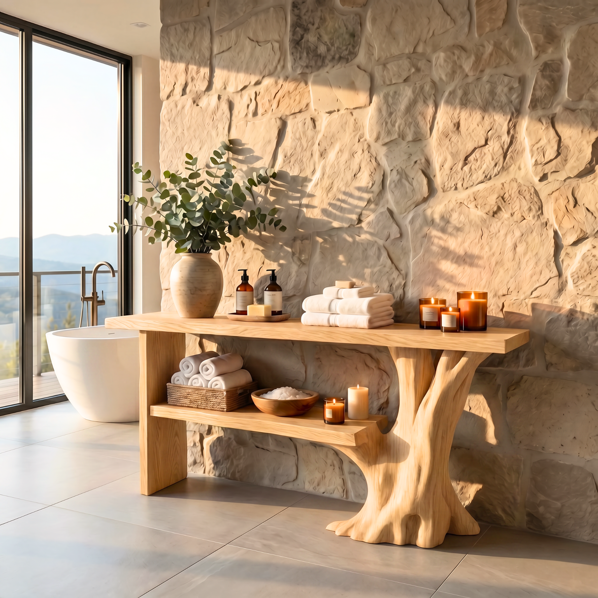 Rustic Wooden Console Table Tree Form Entryway Shelf