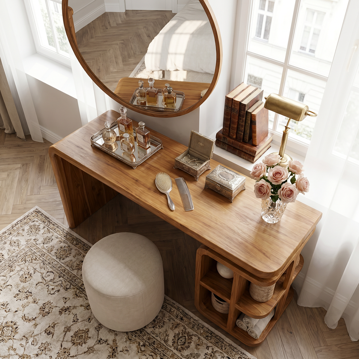 Handmade Solid Wood Vanity Table with Open Cubby Shelves and Waterfall Side