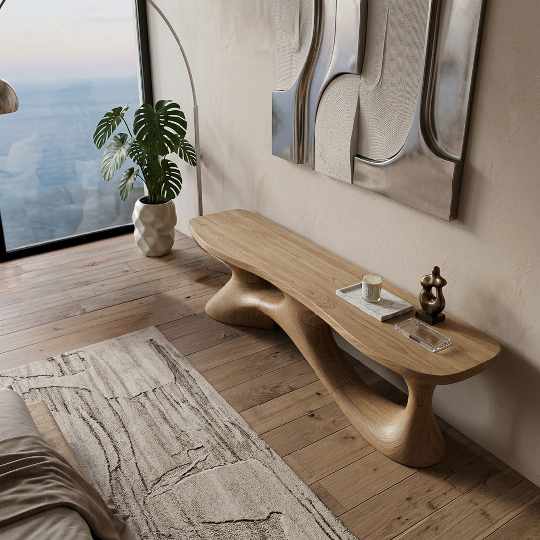 Organic Sculptural Solid Wood Console Table with Modern Curved Base