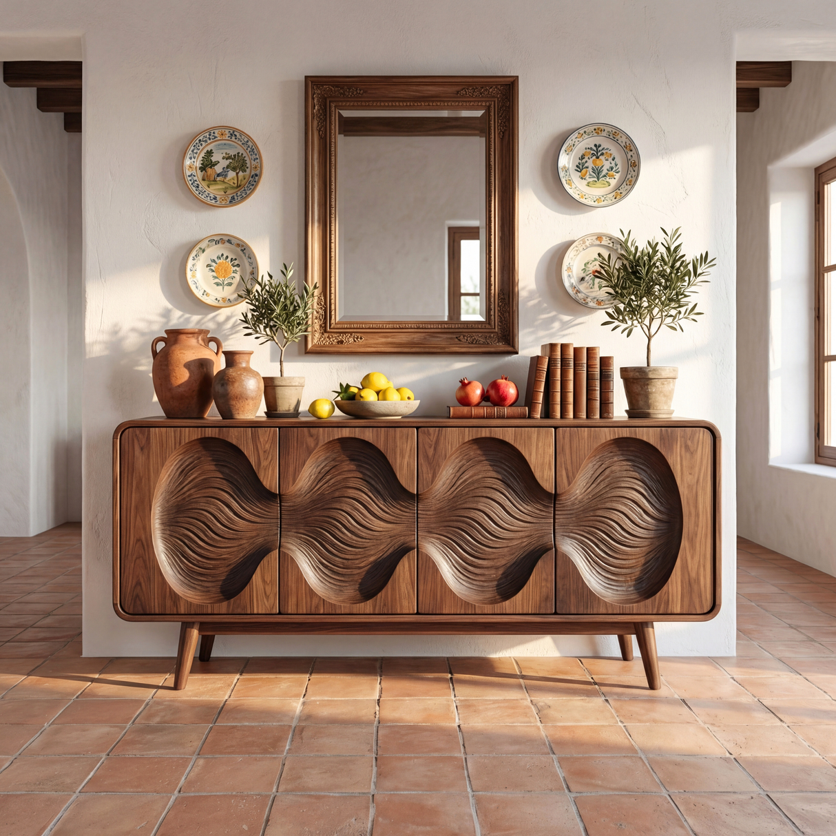 Carved Wave Front Solid Wood Sideboard for Living and Dining