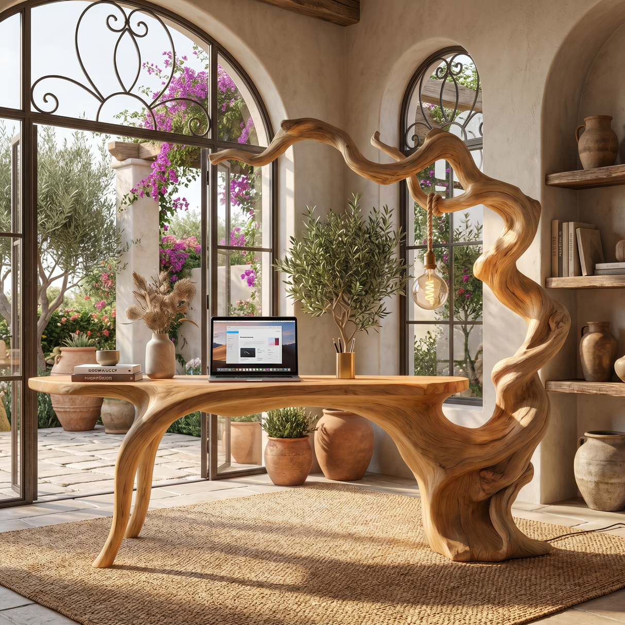 Twisted Branch Solid Wood Desk With Hanging Lamp Organic Modern Sculptural Workspace