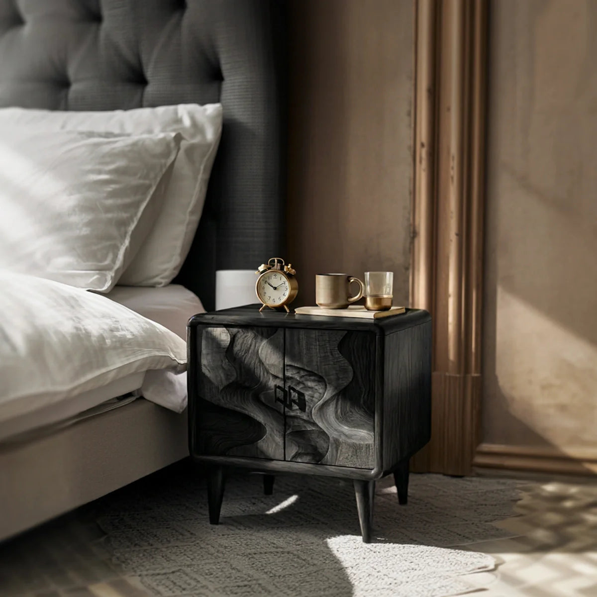Organic Solid Wood Nightstand with Sculptural Door Design