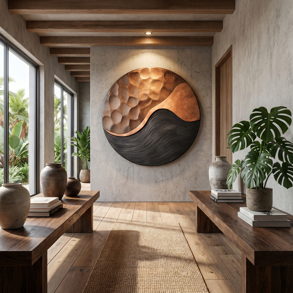 Handcrafted Oval Wood Wall Art with Black Wave Texture and Carved Mosaic Relief
