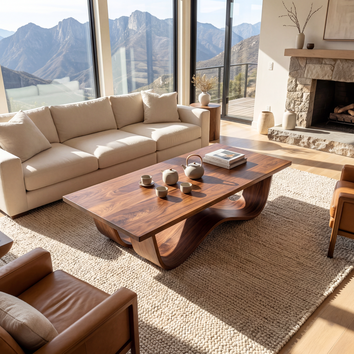 Sculptural Solid Wood Coffee Table with Curved Waterfall Base