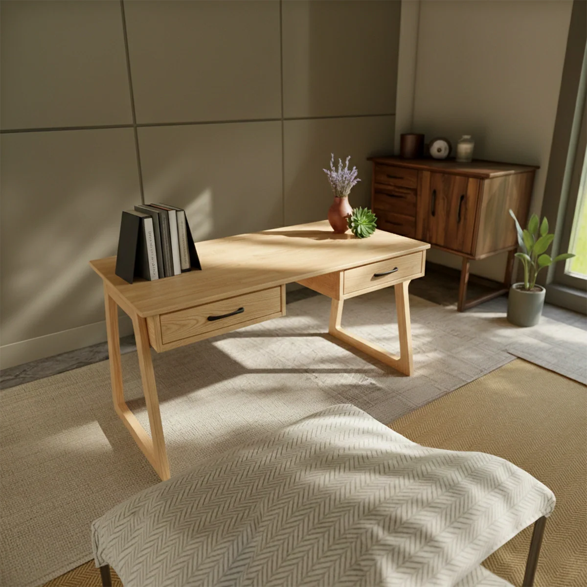 Mid Century Solid Wood Desk with Drawers Handmade Wooden Writing Desk Minimalist Office Table with Storage