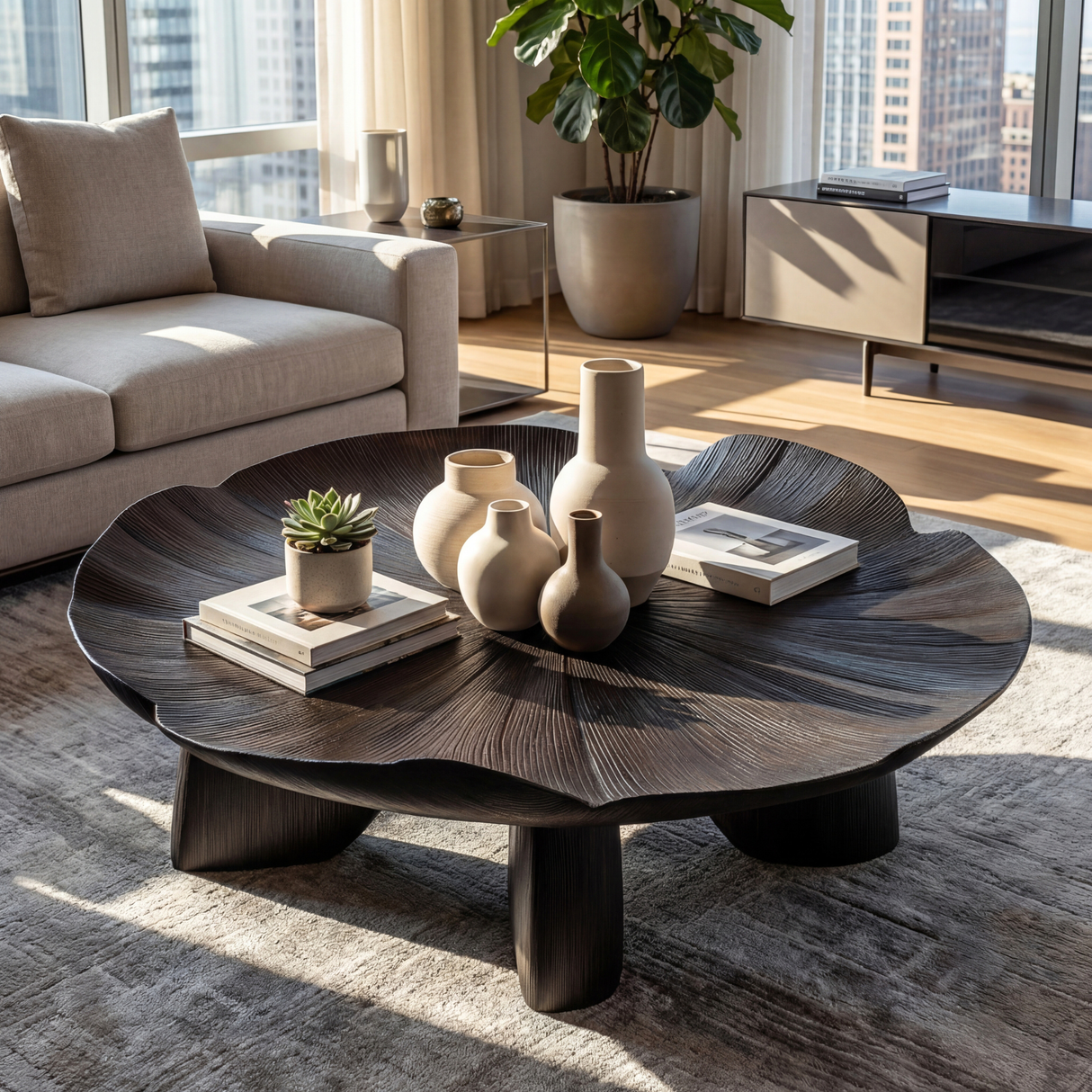 Sculptural Solid Wood Coffee Table with Textured Organic Top