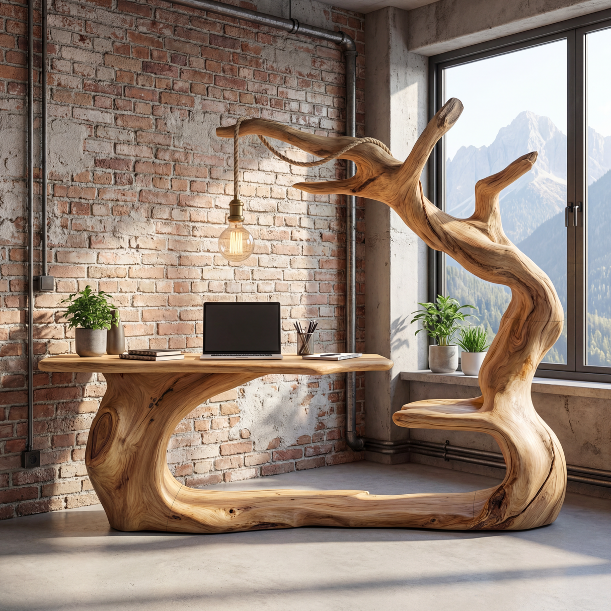 Organic Sculptural Wood Workstation with Hanging Lamp and Storage Shelf