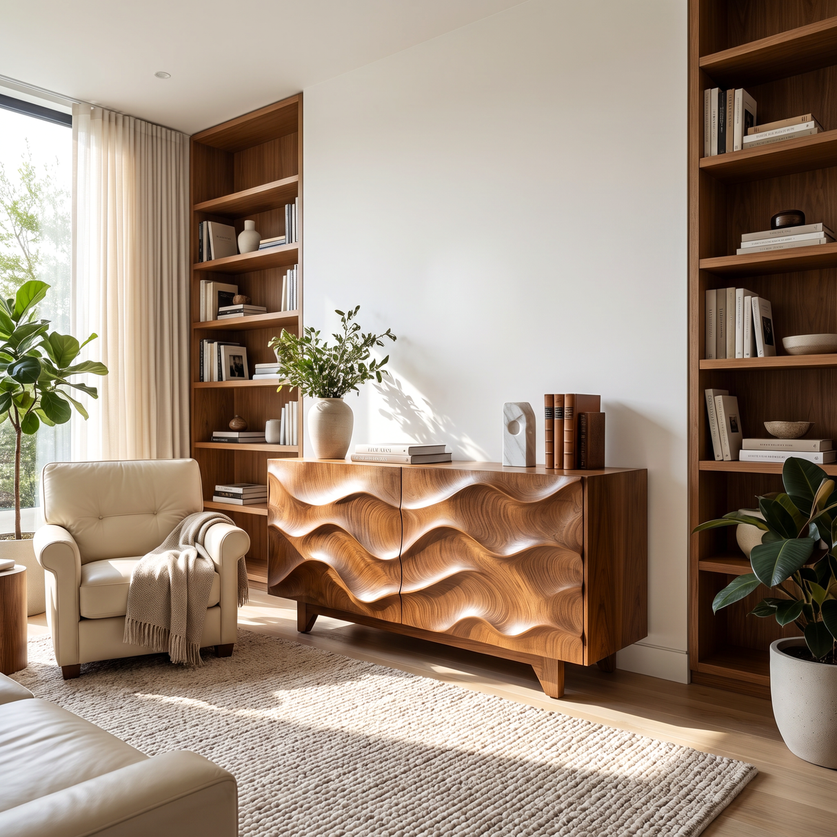 Sideboard Solid Wood with Sculptural Flowing Wave Relief Doors for Entryway Decor