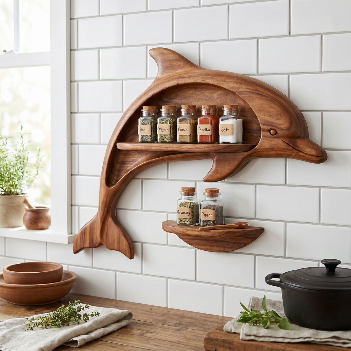 Carved Solid Wood Dolphin Wall Spice Shelf with Coastal Kitchen Storage