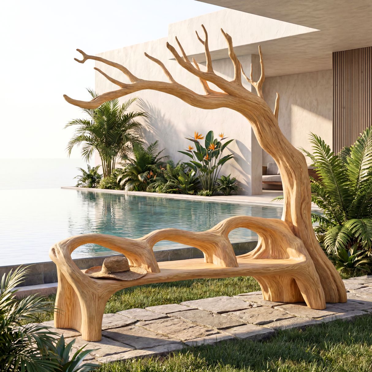 Handmade Organic Tree Wooden Bench Sculpture