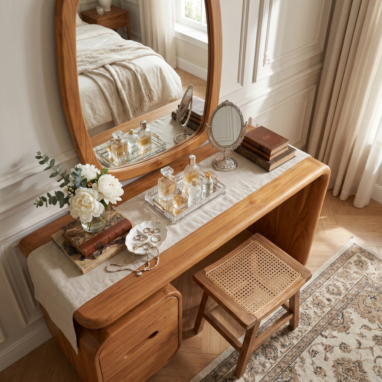 Solid Wood Makeup Vanity Desk with Rounded Storage Cabinet and Waterfall Leg