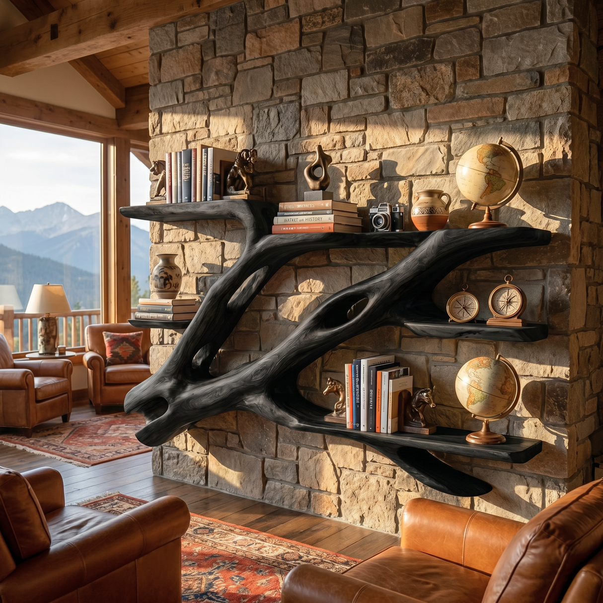 Sculptural Solid Wood Wall Bookshelf with Flowing Branch Shelves