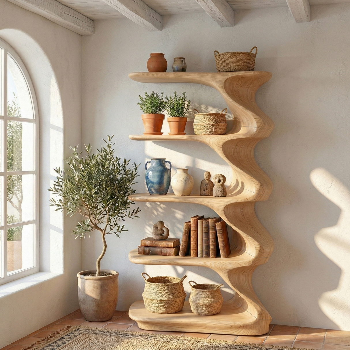 Solid Wood Sculptural Display Shelf with Flowing Curves for Organic Modern Interiors