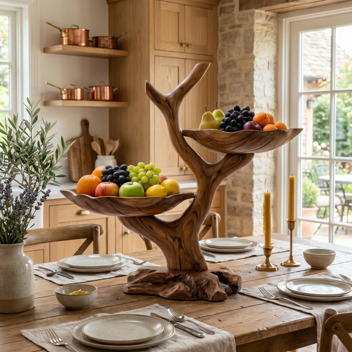 Organic Solid Wood Fruit Display Bowl with Branch Stand and Dual Leaf-Shaped Trays