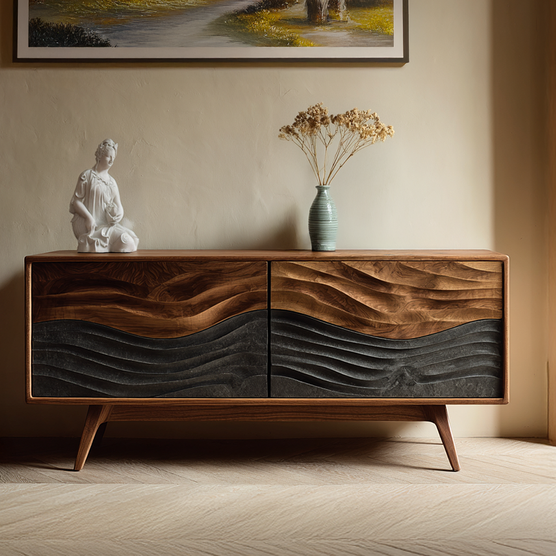 Solid Wood Sideboard with Layered Wave Carving Modern Artistic Storage Buffet Cabinet for Living Room