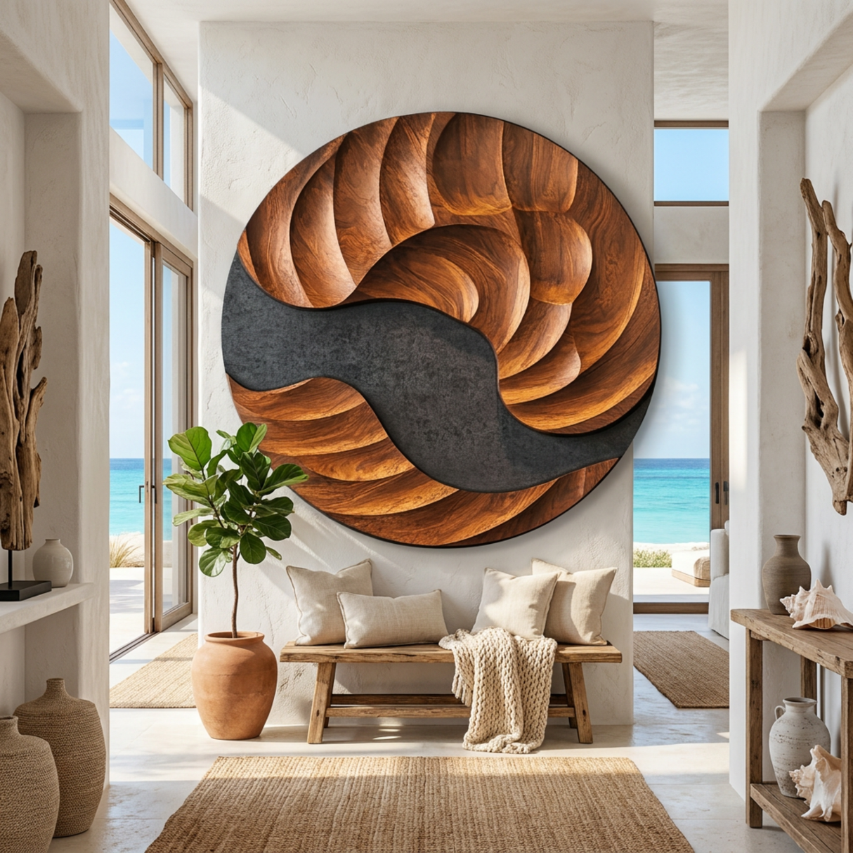 Solid Wood Abstract Wall Art with Swirling Cutout and Layered Carved Grain