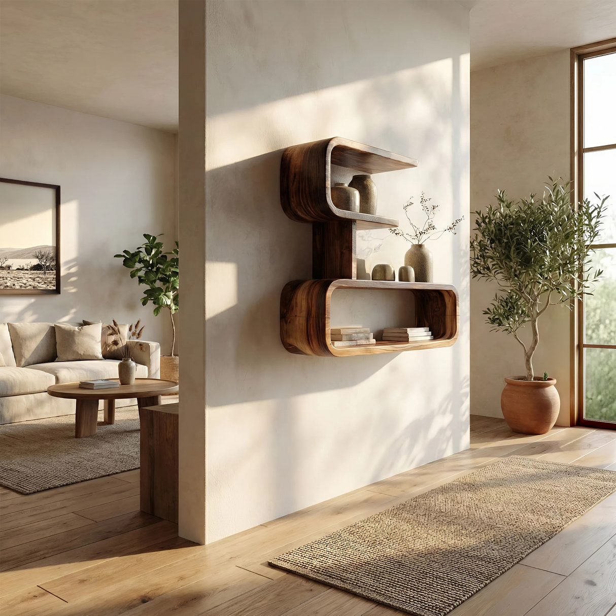 Modern Solid Wood Geometric Wall Shelf with Rounded Edges