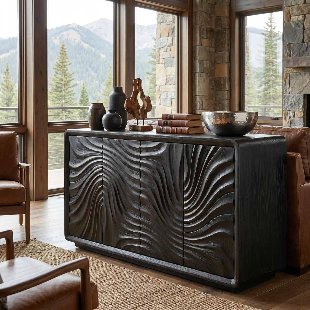 Solid Wood Sideboard Cabinet with Radiating Wave Carved Doors