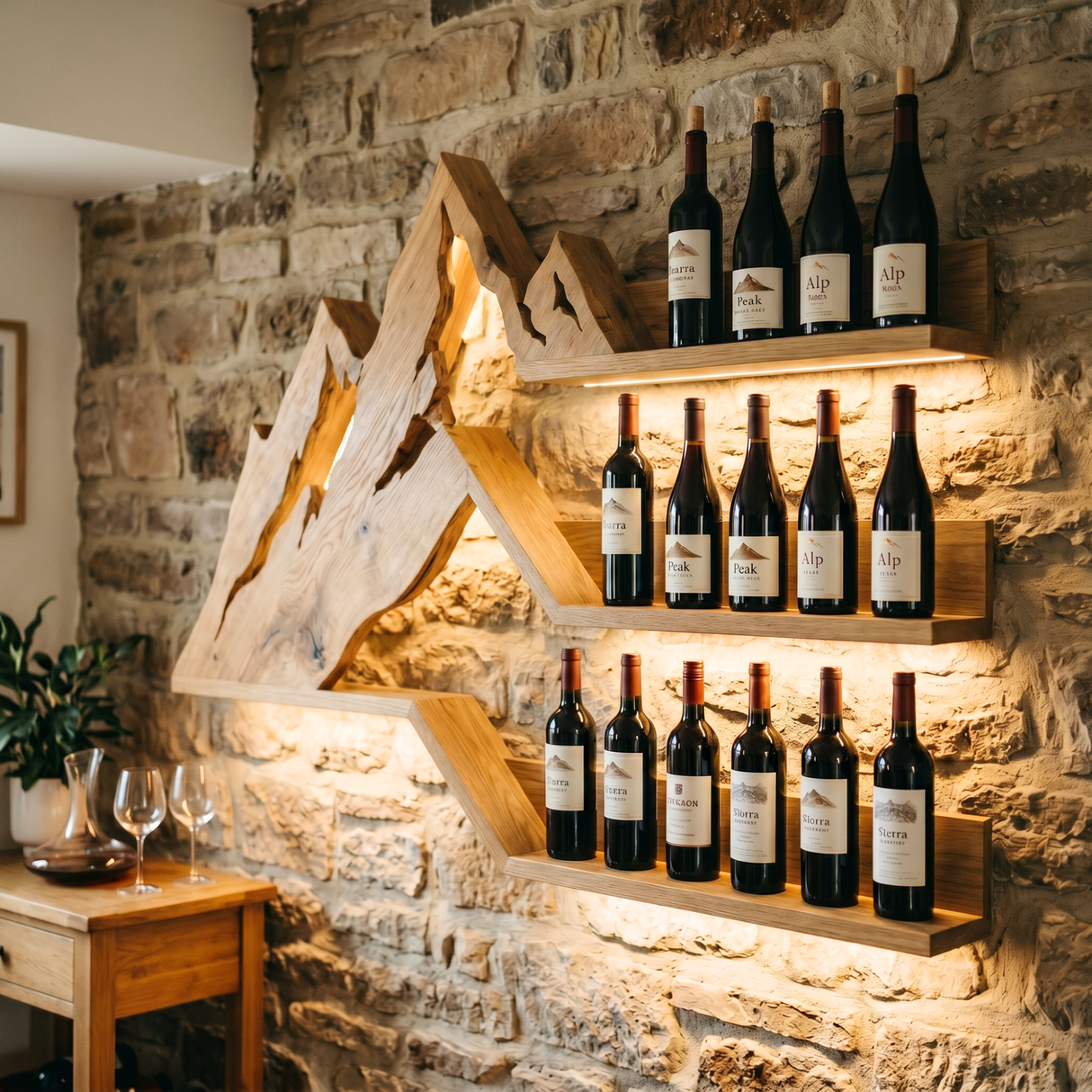 Mountain Range Inspired Solid Wood Wine Rack Wall Shelf