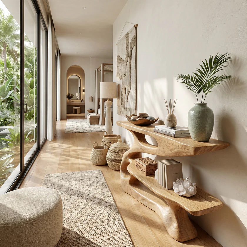 Modern Sculpted Wood Console Table with Open Shelf