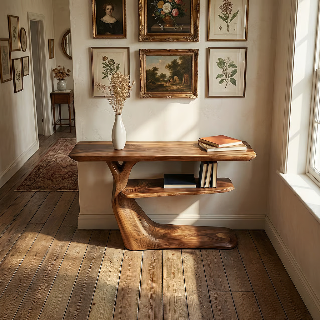 Organic Solid Wood Entryway Console with Sculpted Base