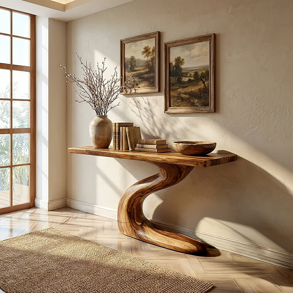 Floating Solid Wood Console Table with Curved Sculptural Base